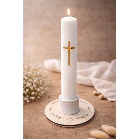 Kerzenhalter Kommunion #weiss ~ optional mit Kerzenring aus Holz ( Zweige/Fische/Taube)